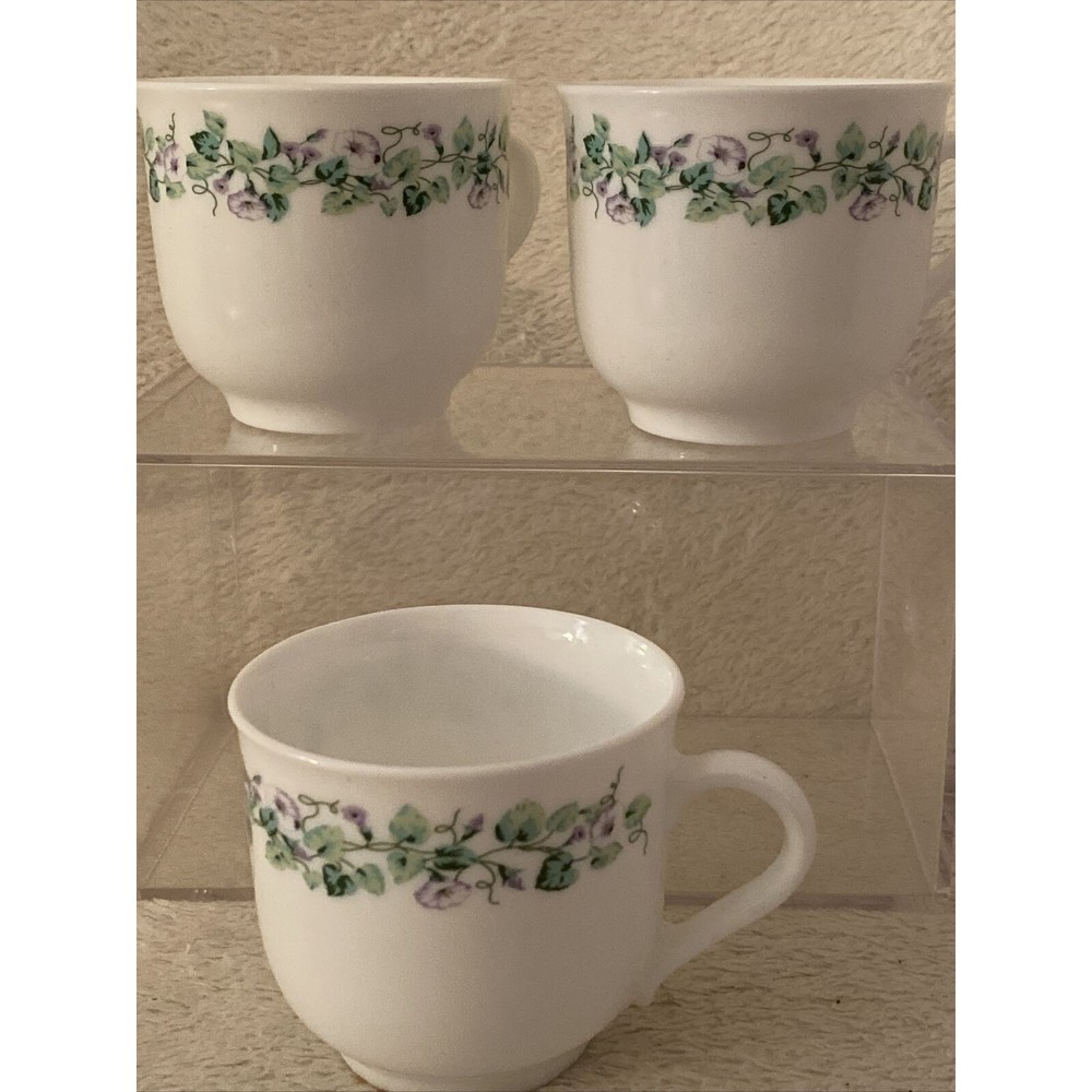 3 Martha Stewart Everyday Tea Cups Mugs Set White with Purple & Green Vines